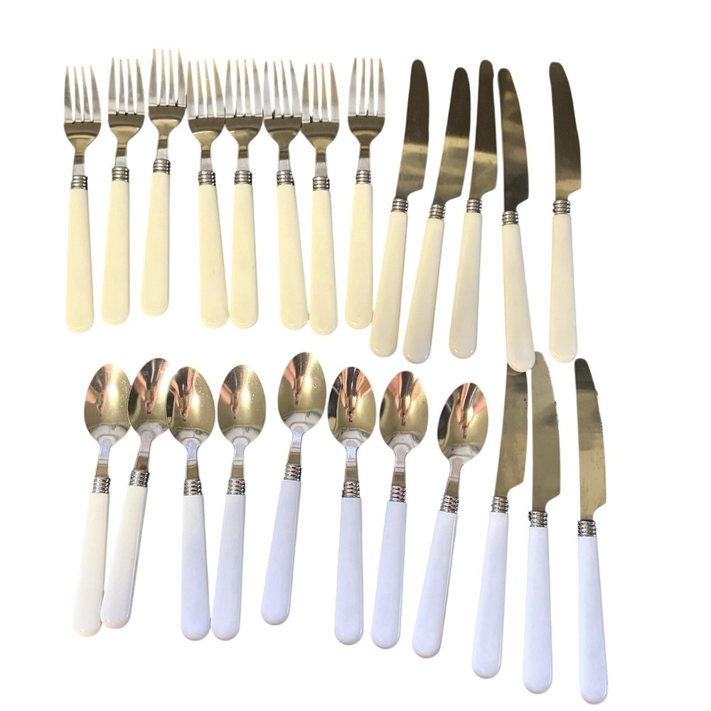 GIBSON Stainless Flatware 24 Piece Set White Plastic Handle